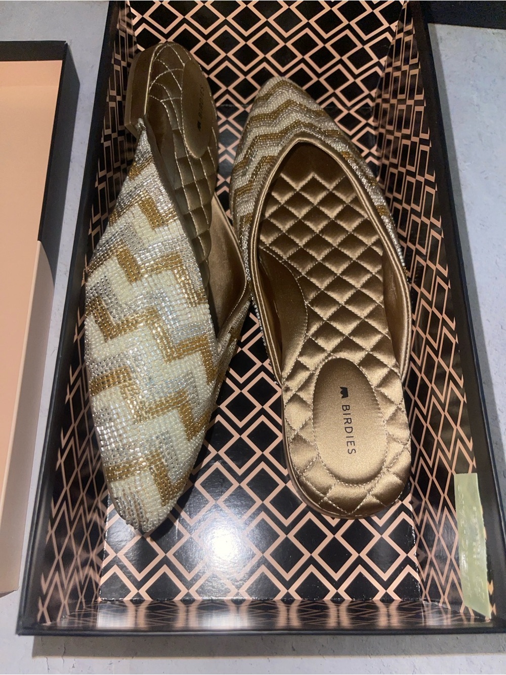 NWT Birdies “The Swan” Beaded Deco Chevron Mule Flats — Gold/Silver | Size 9.5 - Picture 4 of 8
